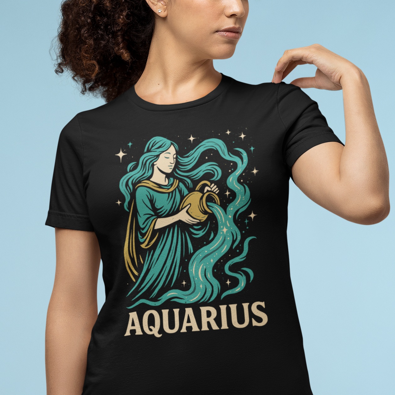 Model wearing Aquarius t-shirt with celestial water bearer astrology design.