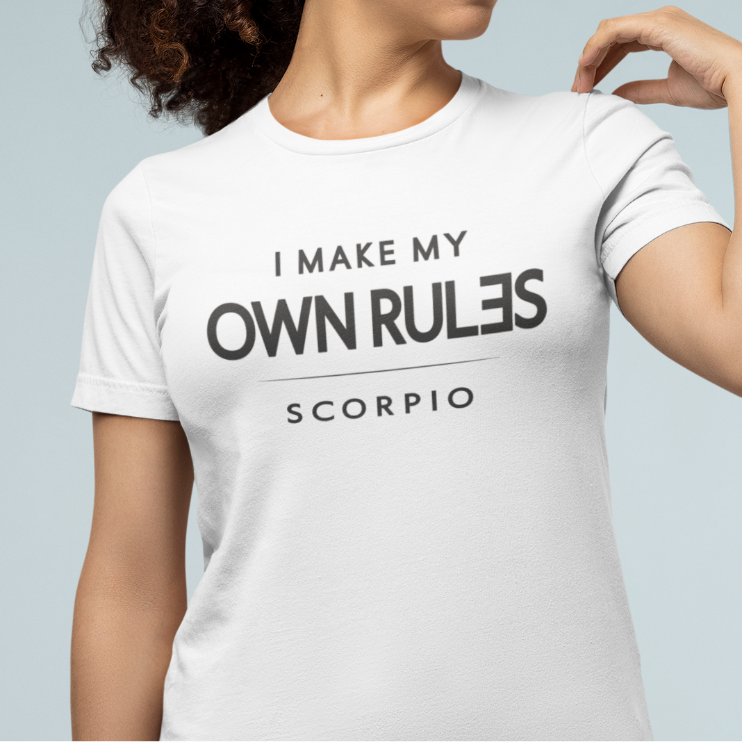 Model wearing Scorpio zodiac t-shirt with “I Make My Own Rules” typography quote design