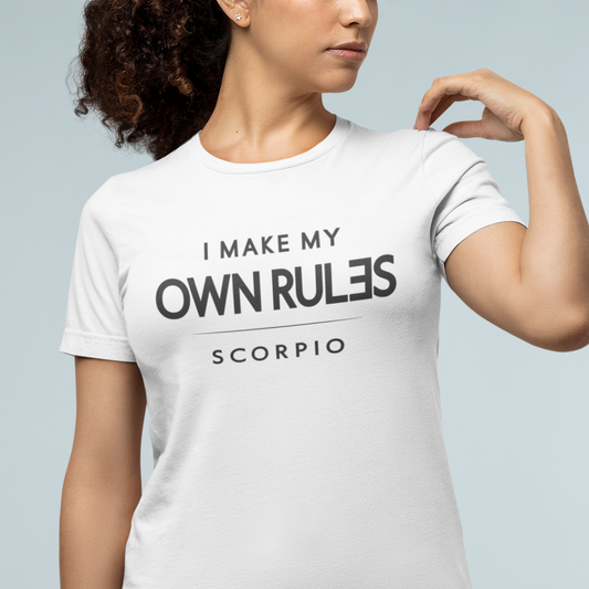 Model wearing Scorpio zodiac t-shirt with “I Make My Own Rules” typography quote design