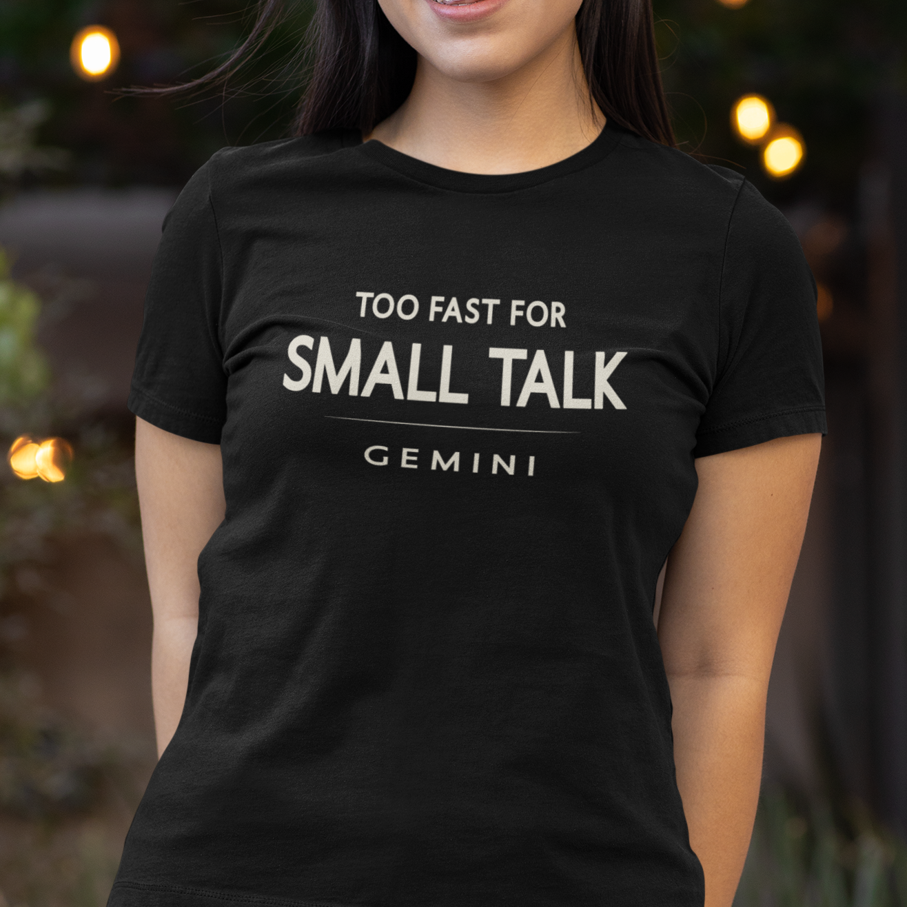 Model wearing Gemini zodiac t-shirt with “Too Fast for Small Talk” typography quote