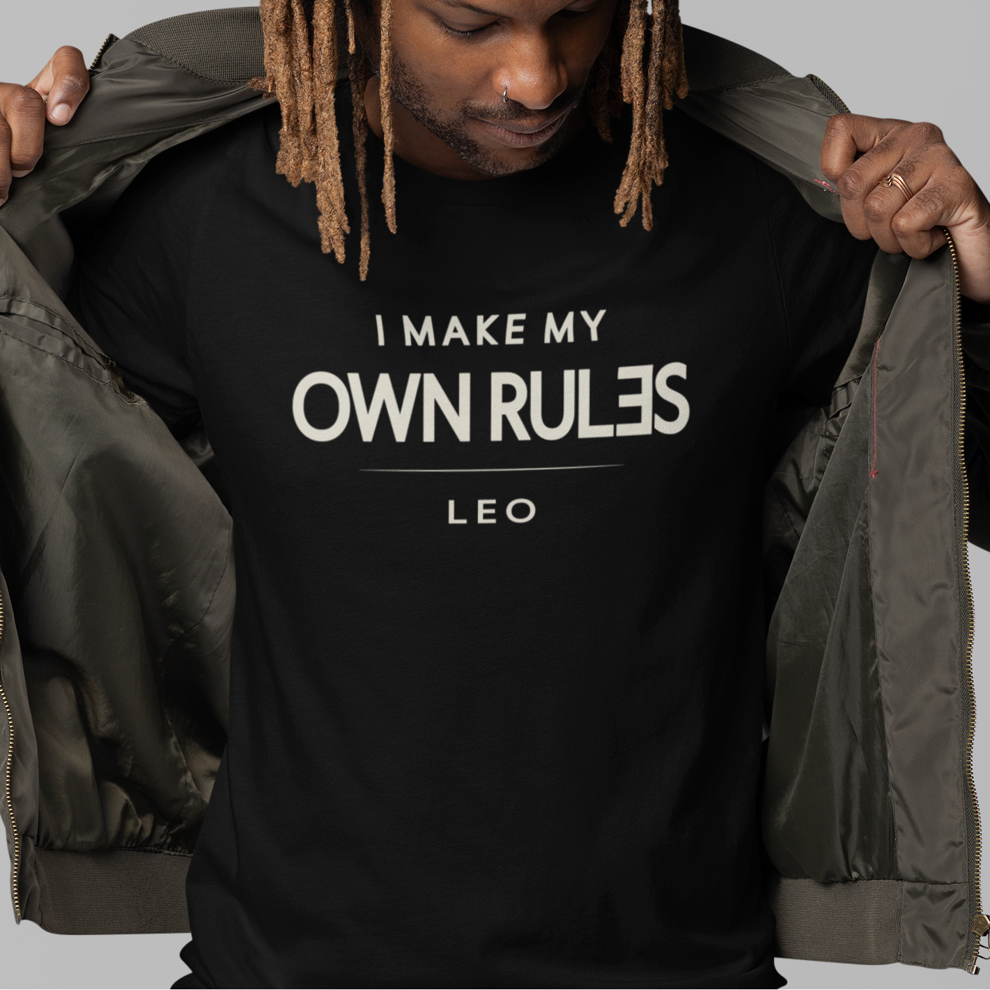 Model wearing Leo zodiac t-shirt with “I Make My Own Rules” bold typography design