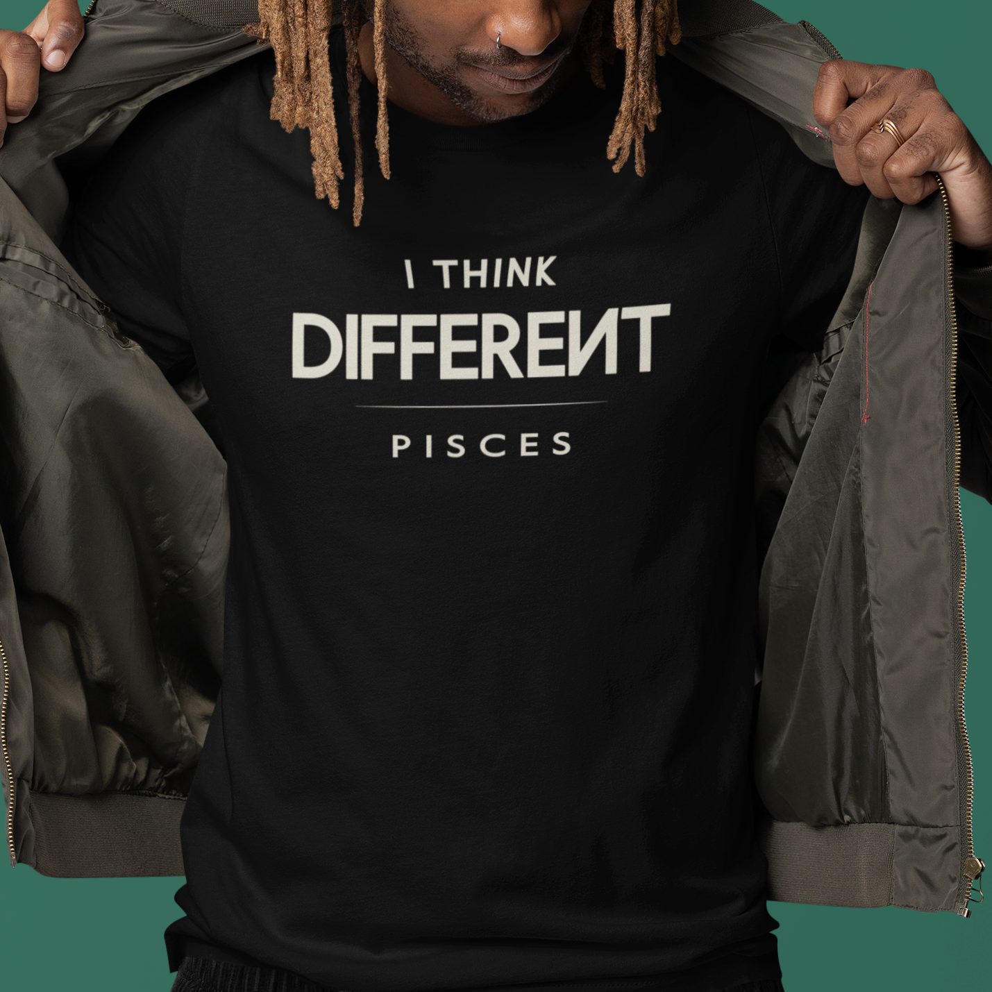 Model wearing Pisces zodiac t-shirt with I Think Different typography design