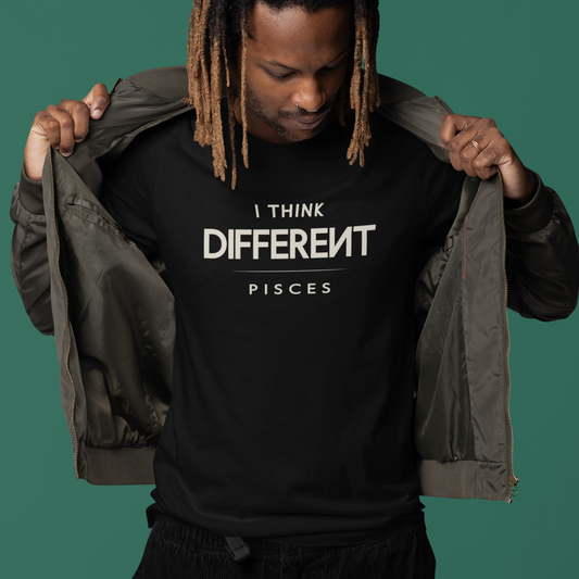 Model wearing Pisces zodiac t-shirt with I Think Different typography design