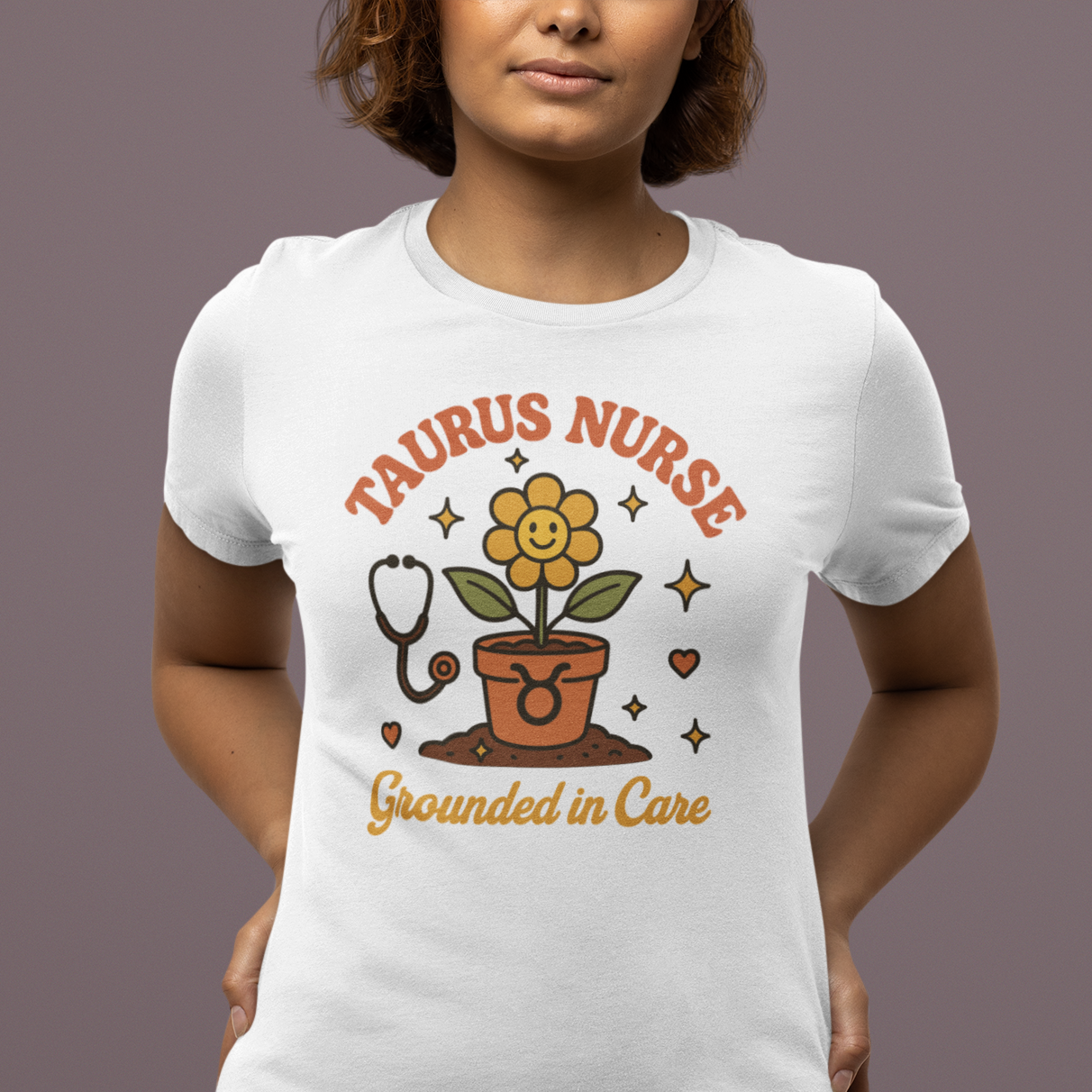 Model wearing Taurus zodiac t-shirt with Taurus nurse grounded in care design.