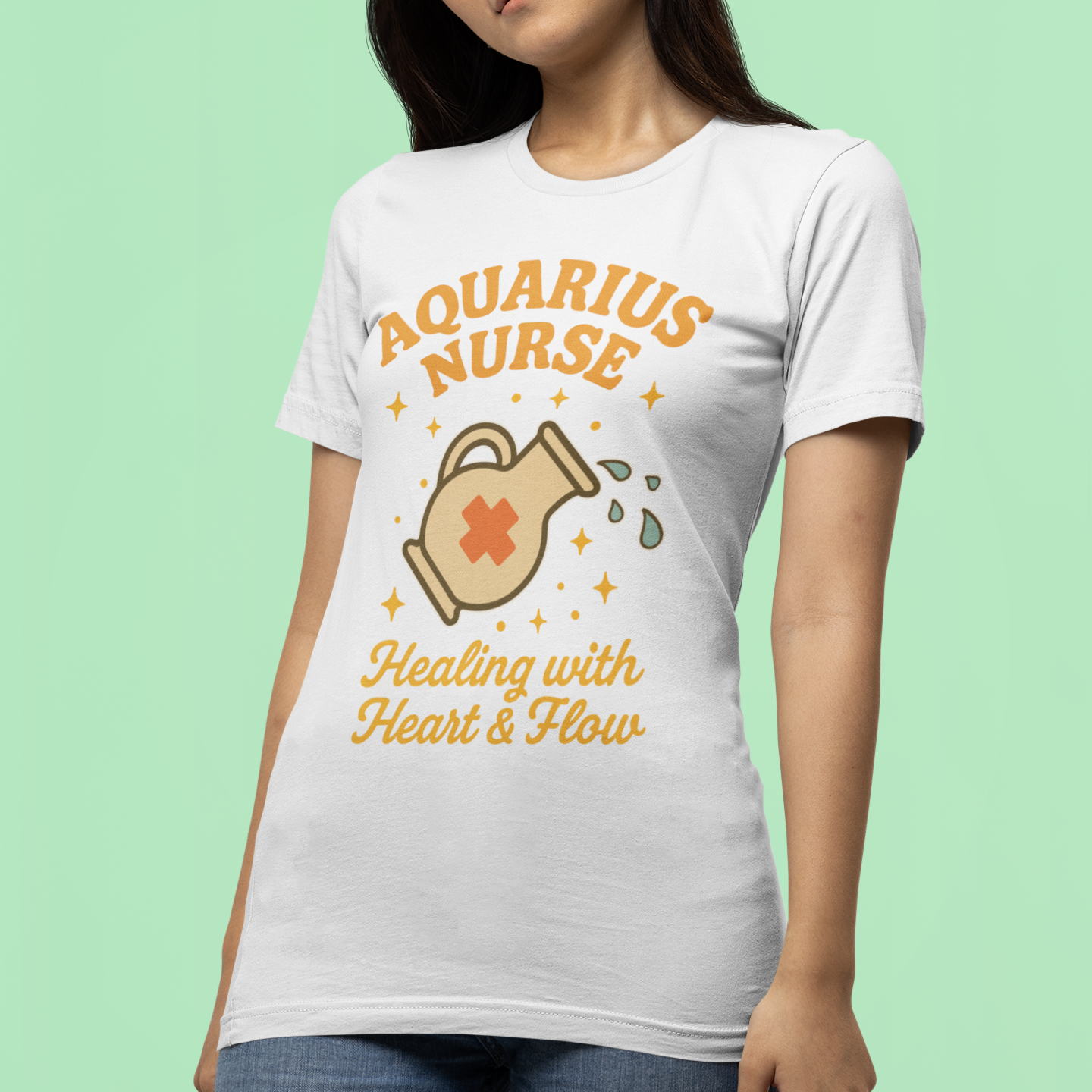Model wearing Aquarius nurse zodiac T-shirt with healing heart and flow design.
