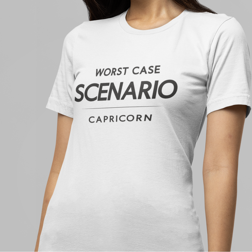 Model wearing Capricorn zodiac t-shirt with “Worst Case Scenario” typography quote design