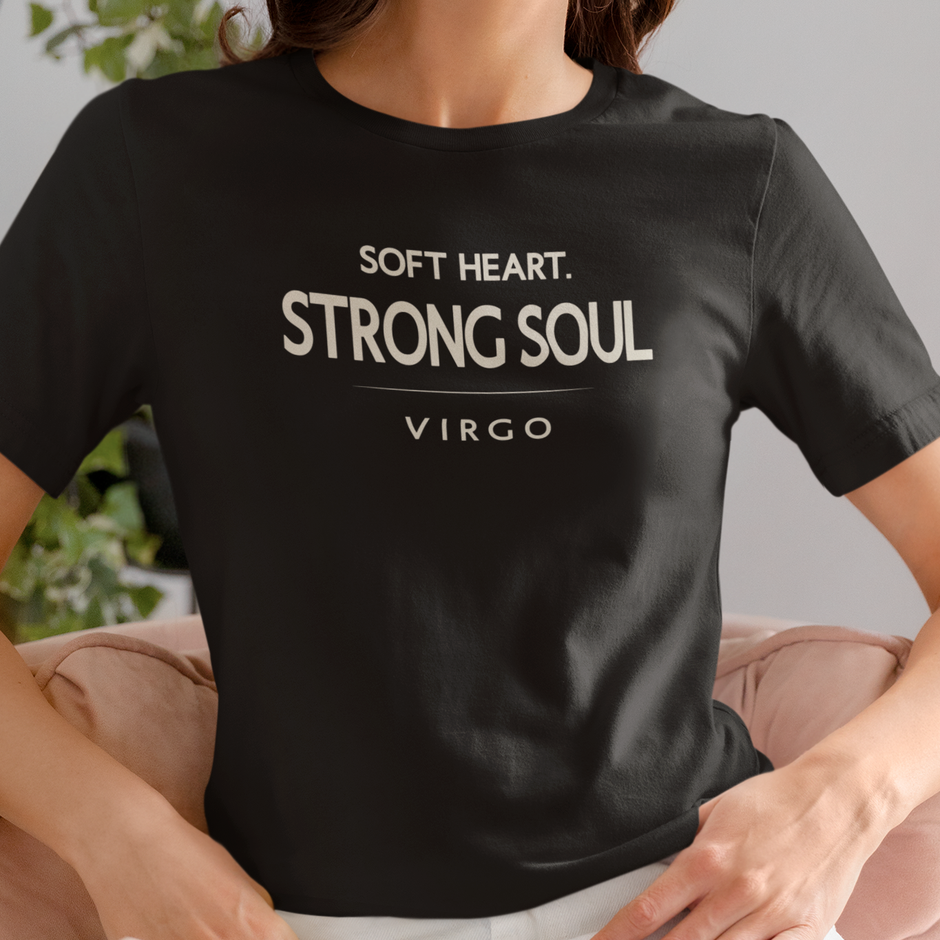 Model wearing Virgo zodiac t-shirt with “Soft Heart Strong Soul” typography quote