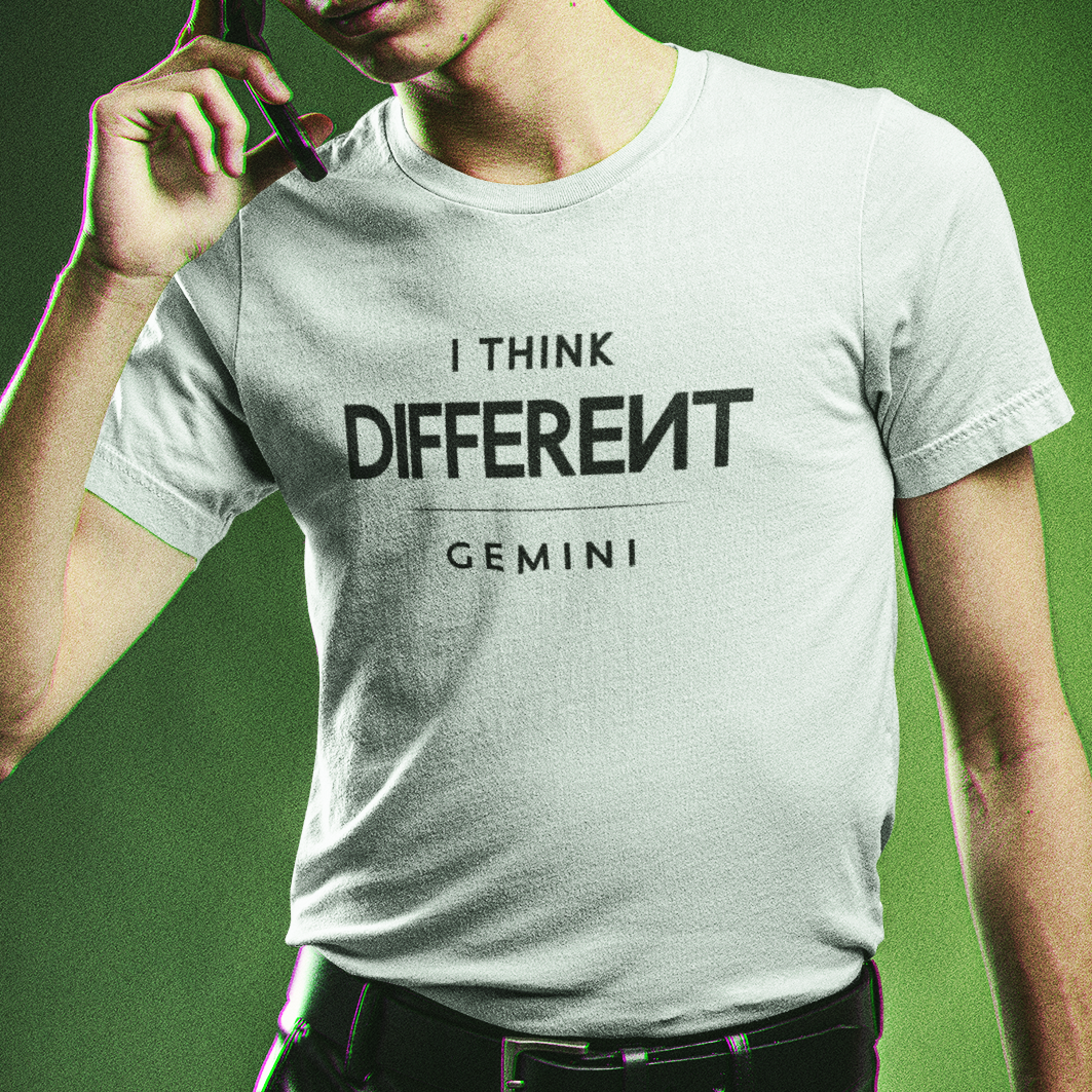 Model wearing Gemini zodiac t-shirt with “I Think Different” typography quote design