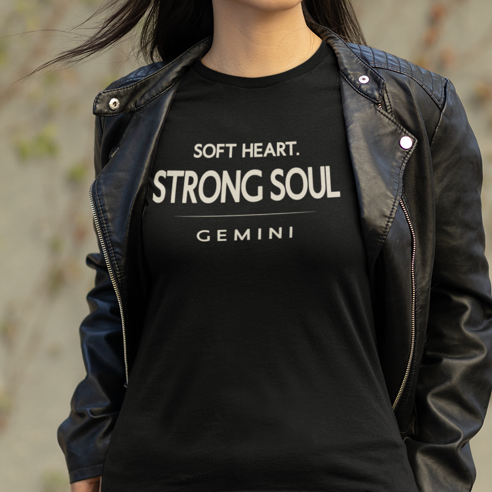 Model wearing Gemini zodiac t-shirt with “Soft Heart Strong Soul” typography quote