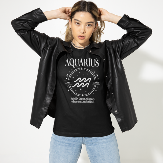 Model wearing Aquarius zodiac T-shirt with celestial symbol and visionary astrology design.