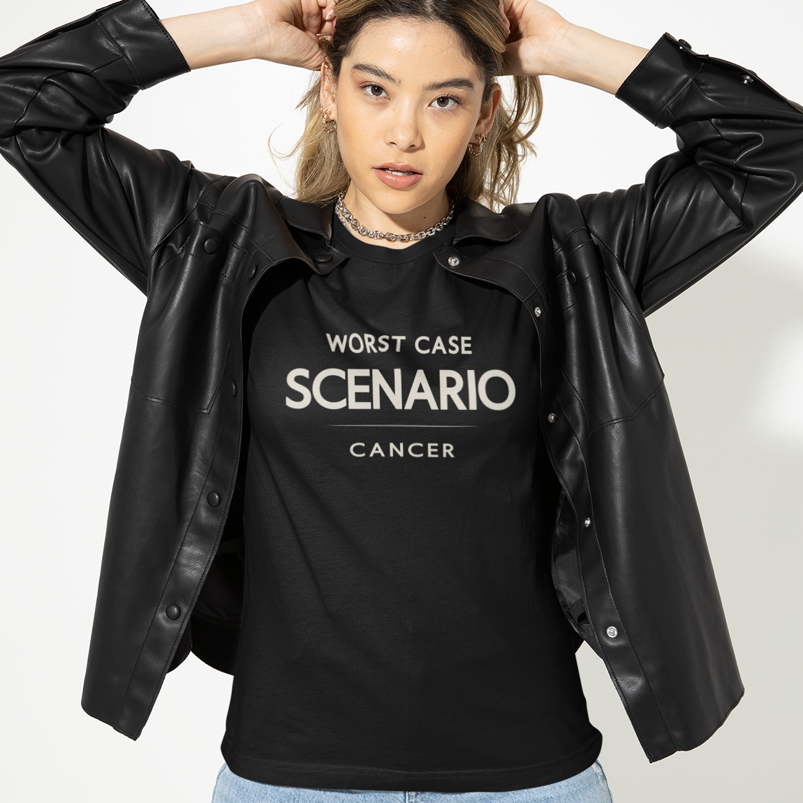Model wearing Cancer zodiac t-shirt with “Worst Case Scenario” typography quote design