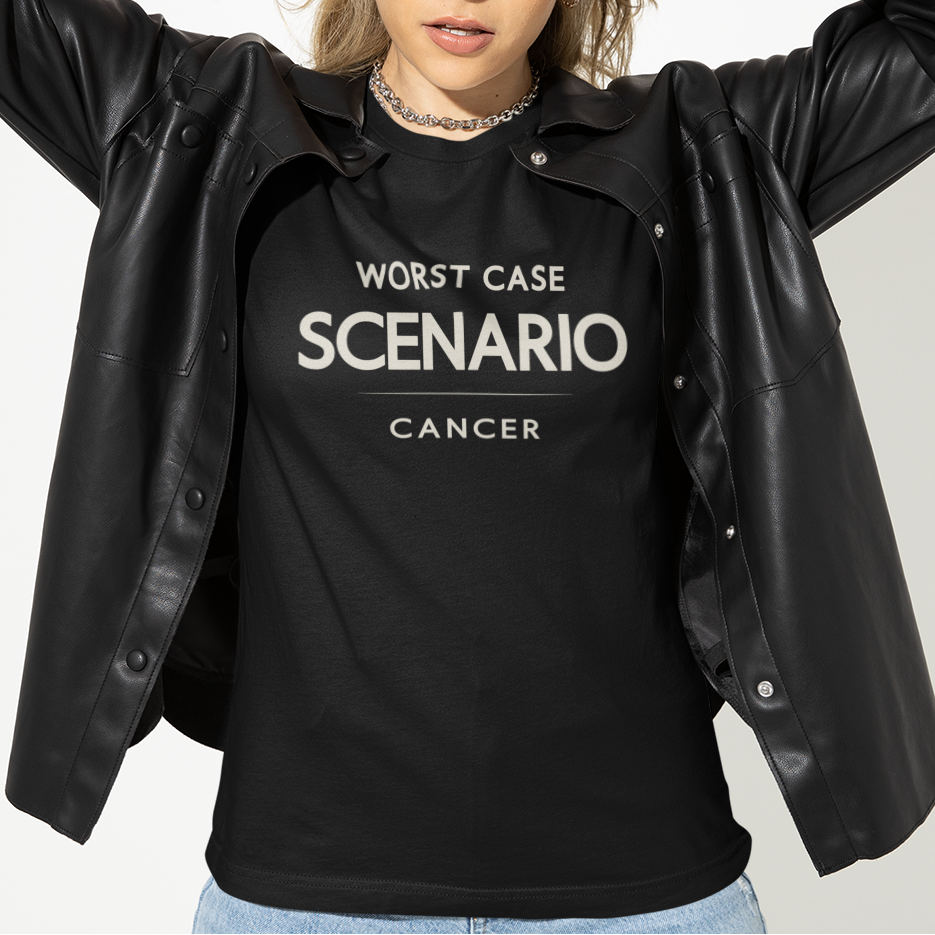 Model wearing Cancer zodiac t-shirt with “Worst Case Scenario” typography quote design