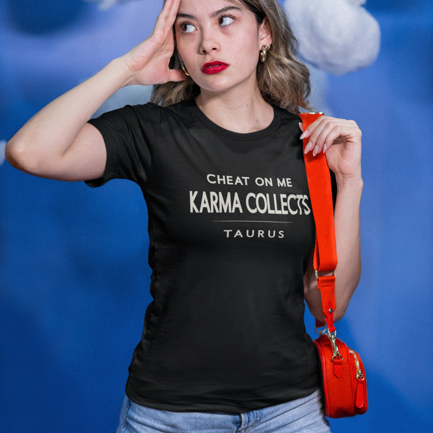 Model wearing Taurus zodiac t-shirt with “Cheat on Me Karma Collects” typography quote design