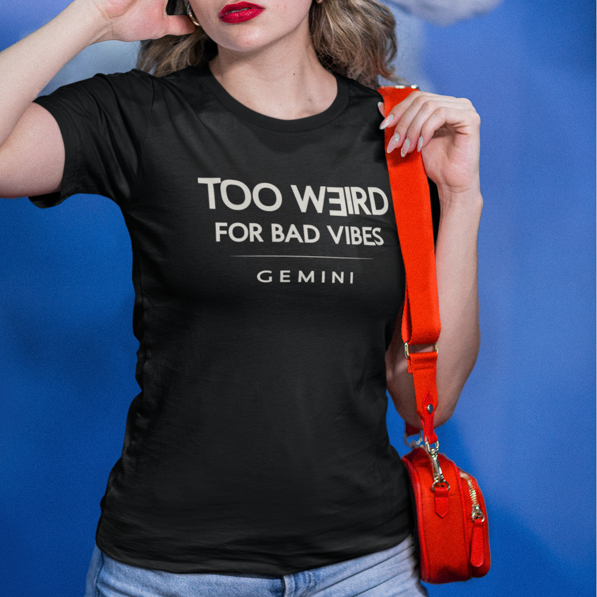 Model wearing Gemini zodiac t-shirt with “Too Weird for Bad Vibes” typography quote design