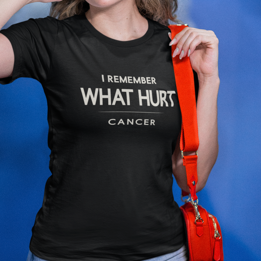 Model wearing Cancer zodiac t-shirt with “I Remember What Hurt” typography quote