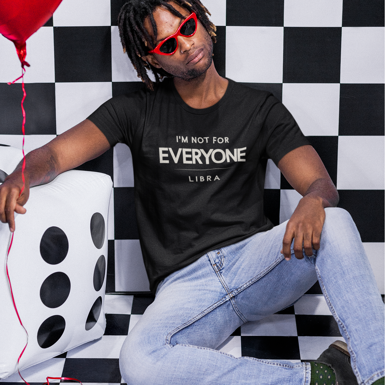 Model wearing Libra zodiac t-shirt with “I’m Not for Everyone” typography quote design