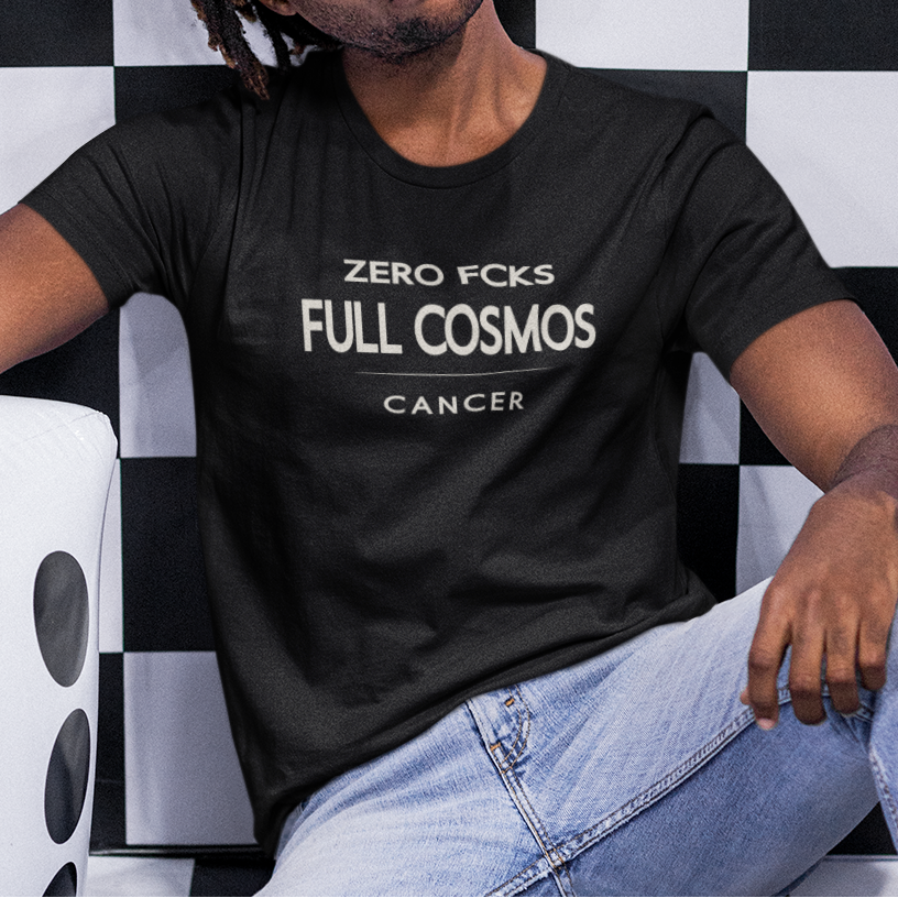 Model wearing Cancer zodiac t-shirt with “Zero FCKS Full Cosmos” typography quote