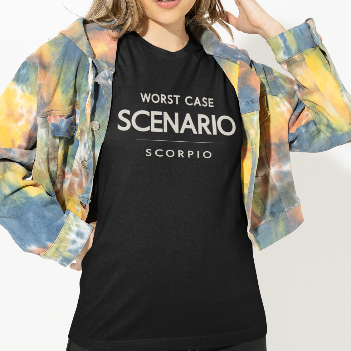 Model wearing Scorpio zodiac t-shirt with “Worst Case Scenario” typography quote design