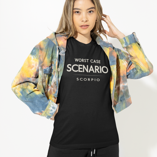 Model wearing Scorpio zodiac t-shirt with “Worst Case Scenario” typography quote design