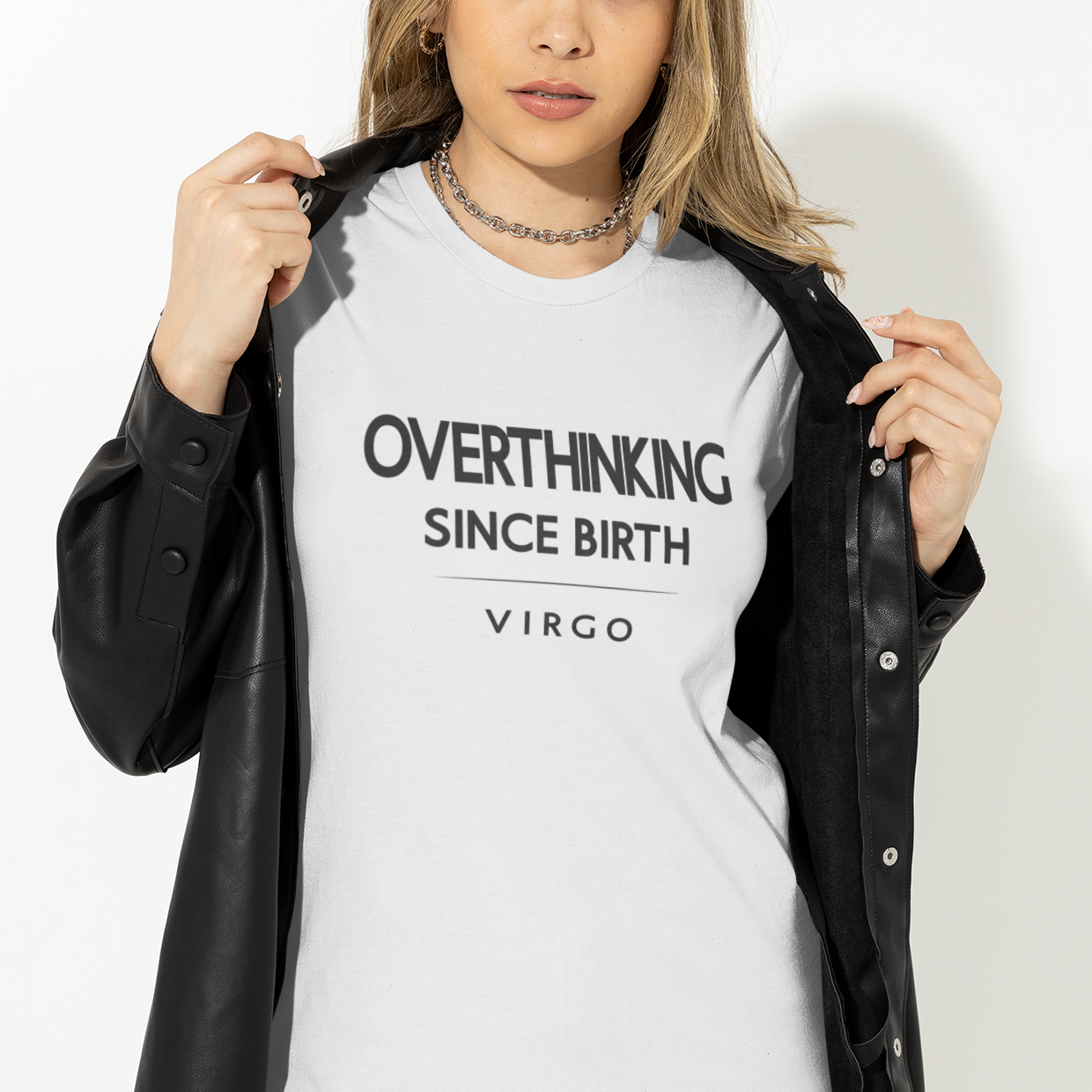Model wearing Virgo zodiac t-shirt with “Overthinking Since Birth” minimalist typography
