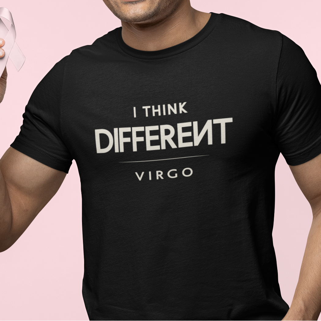Model wearing Virgo zodiac t-shirt with “I Think Different” typography quote design