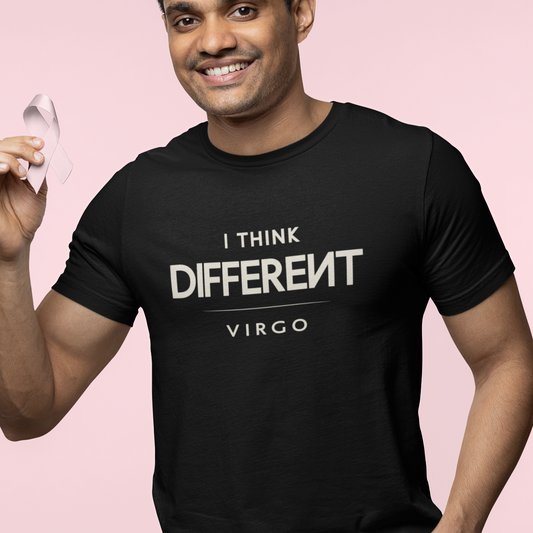 Model wearing Virgo zodiac t-shirt with “I Think Different” typography quote design